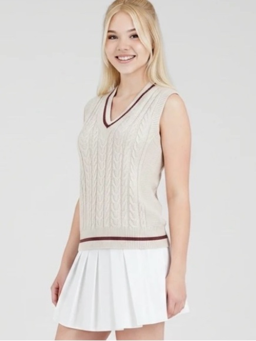 Aritzia Sunday Best Winston Cable-Knit V-Neck Vest Blush Pink Size Med Oversize - Picture 3 of 15